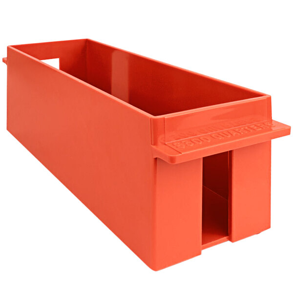 An orange plastic box with a hole in it and a lid.