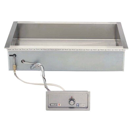A stainless steel Wells drop-in hot food well with controls and a water autofill.