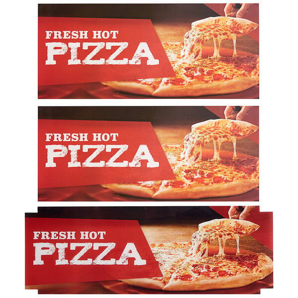 A counter with three ServIt banners featuring hot pizza and a close-up of a pizza with melted cheese.