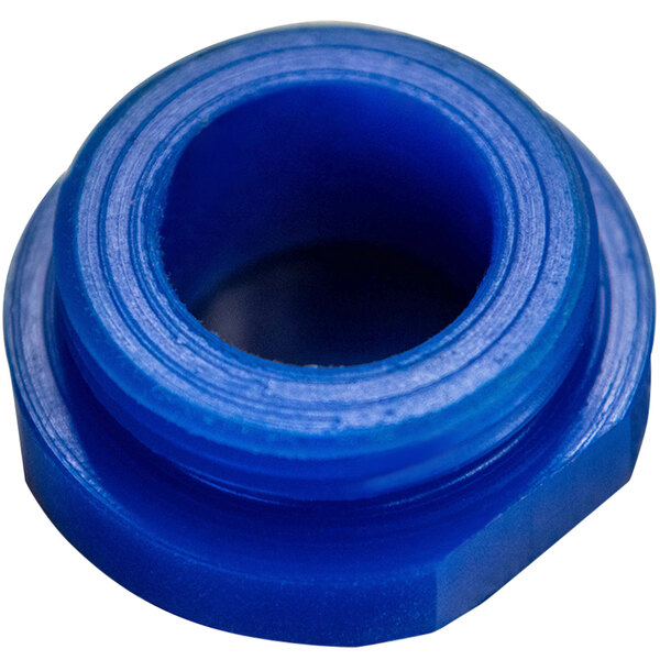 A blue plastic bushing with a hole in it.