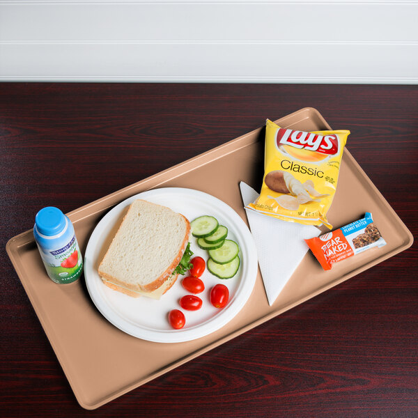 A dark peach Cambro dietary tray with a sandwich, chips, and a blue drink bottle on it.