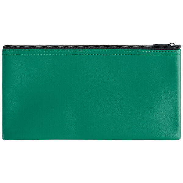 A green zippered bank wallet with black trim.