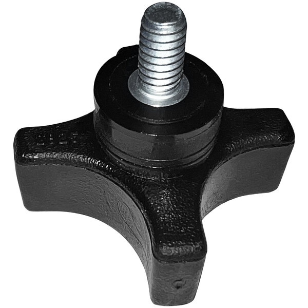 A black plastic knob with a black metal screw and nut.