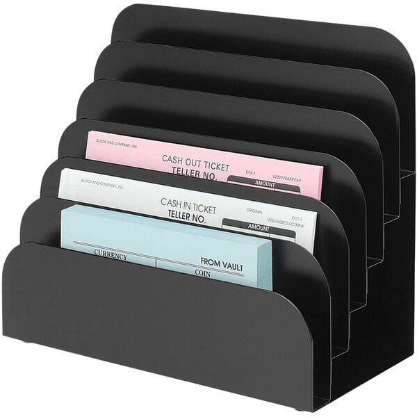 A black metal rack with six pockets holding various colored papers.