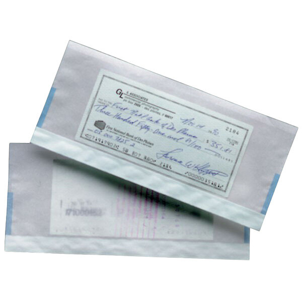 A close-up of a clear plastic document jacket with a check inside.