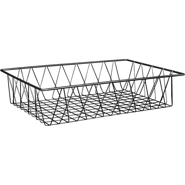 A gunmetal gray rectangular wire basket with a handle.