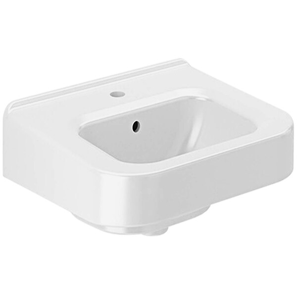 A white Sloan wall mounted sink with a single hole.