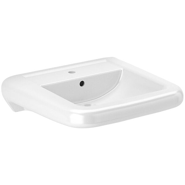 A white vitreous china wall mounted sink with a single centerset.