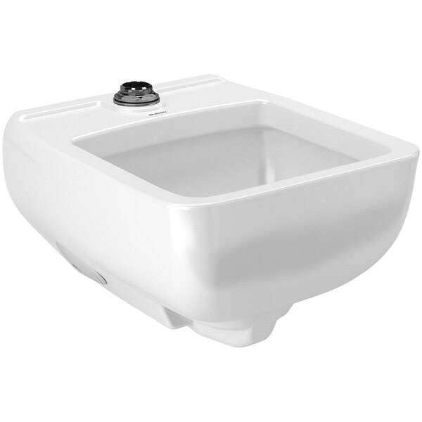A white vitreous china healthcare service sink with a round drain on top.