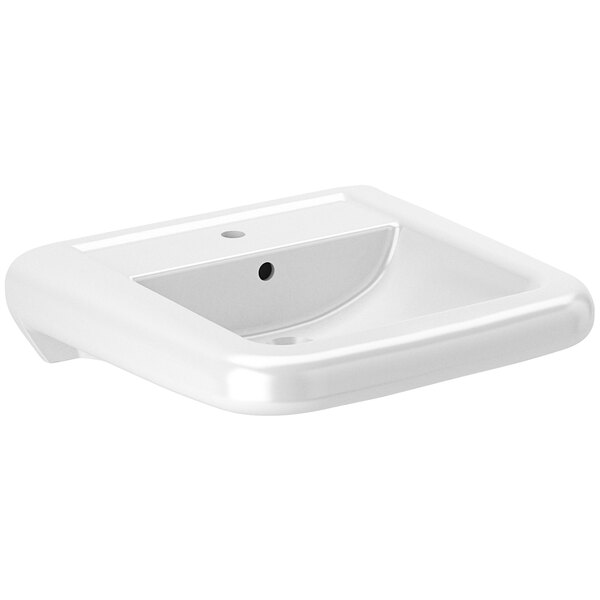 A white vitreous china wall mounted sink with a single center hole.