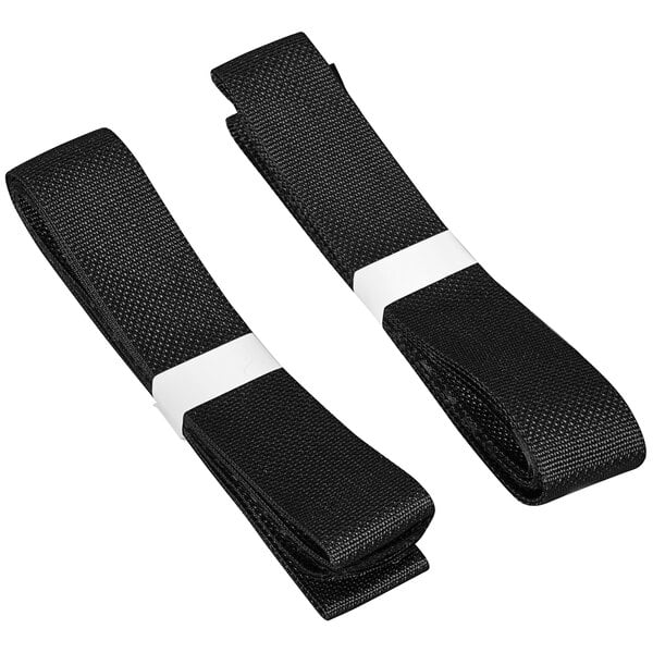 A pair of black Eagle Manufacturing nylon straps with white trim.