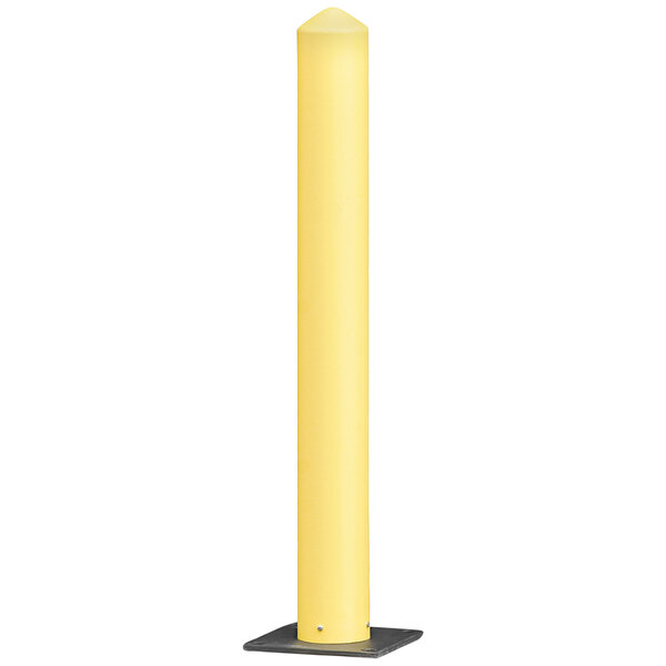 A yellow cylindrical Eagle Manufacturing Safety Bollard Post with a black base.