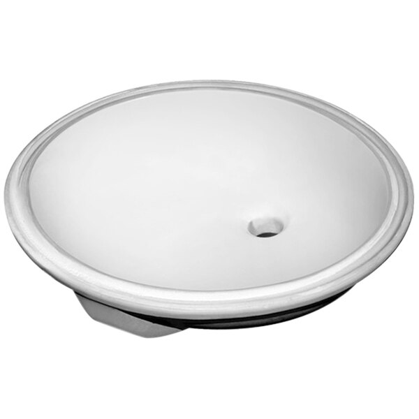 A white oval undermount sink with a drain opening.