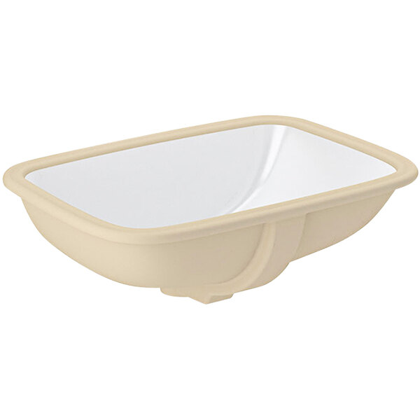 A beige rectangular undermount bathroom sink with a white bowl and rim.