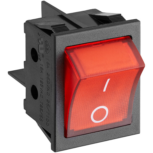 An Avantco red push button switch with white text.