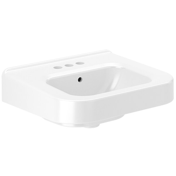 A white Sloan wall mounted sink with three holes.