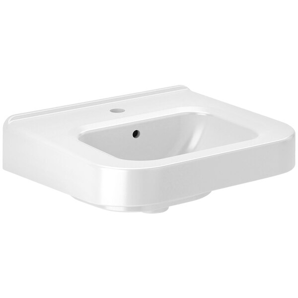 A white Sloan wall mounted sink with a single hole.