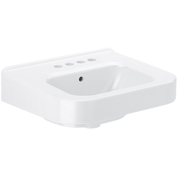 A white Sloan wall mounted sink with four holes and a right hand soap hole.