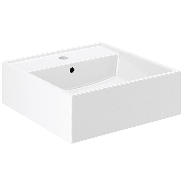 A white vitreous china square vessel sink with a single centerset hole.