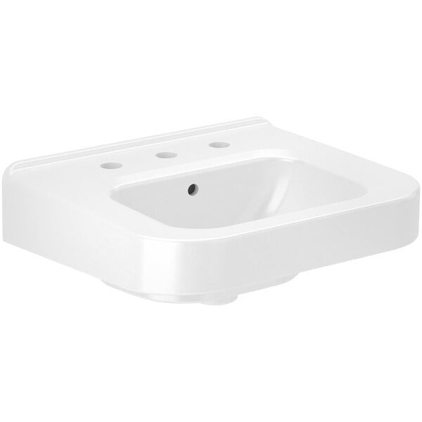 A white Sloan wall mounted sink with three holes.