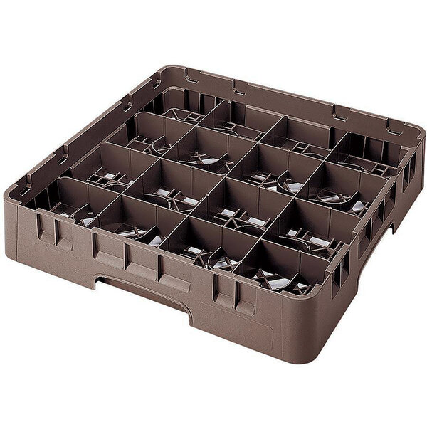 A brown plastic Cambro glass rack with 16 compartments and 5 extenders.