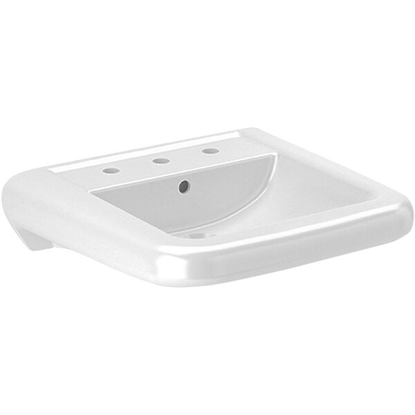 A white vitreous china wall mounted sink with three holes for faucets.