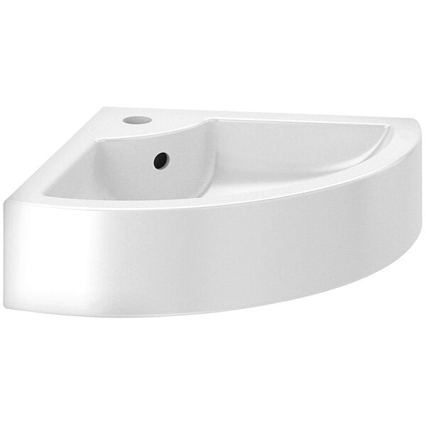 A white vitreous china wall mounted corner sink with a round bowl.
