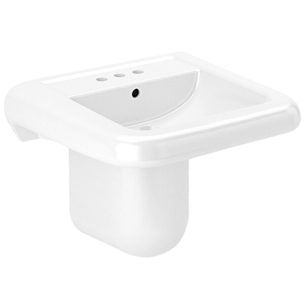 A white Sloan wall mounted sink with three holes for the faucet.