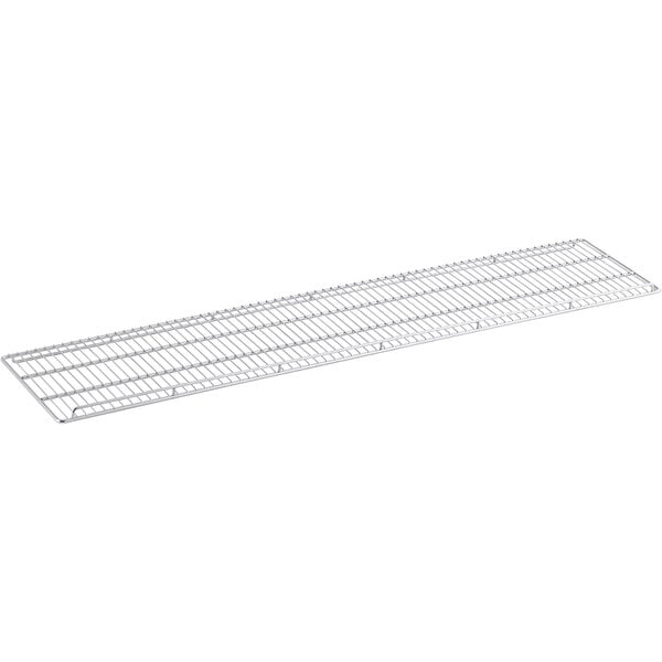A white metal shelf with two metal bars on it.