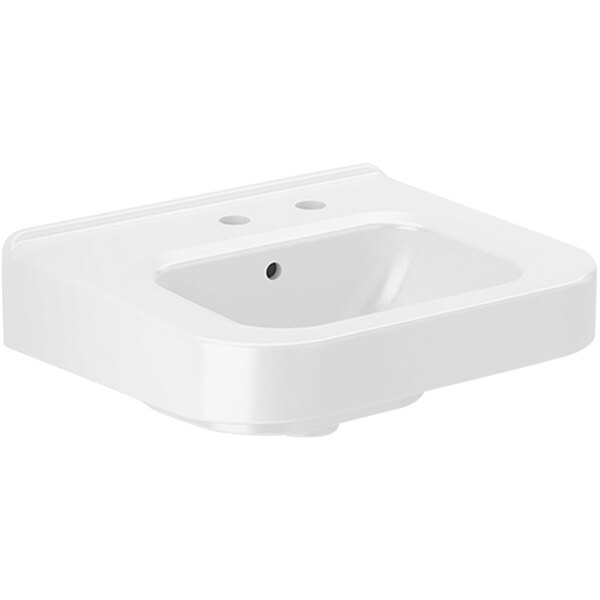 A white Sloan wall mounted ledgeback sink with three holes, including one for soap.
