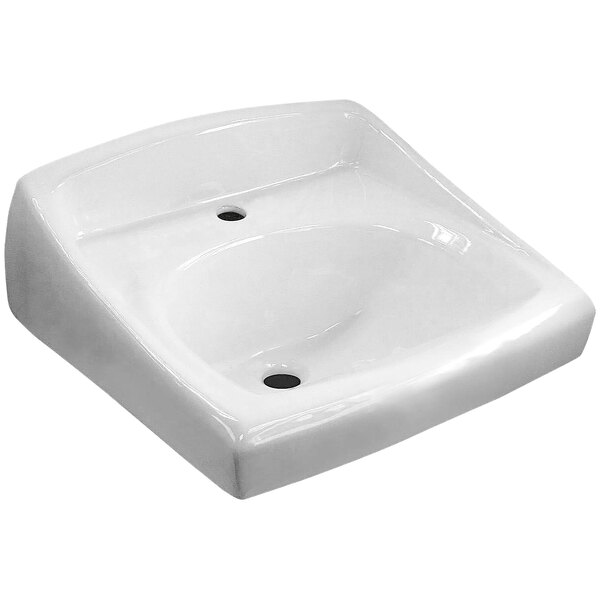 A white vitreous china wall mounted sink with a drain on the side.
