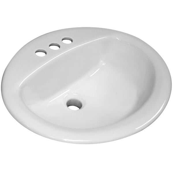 A white Sloan oval drop-in sink with three holes.