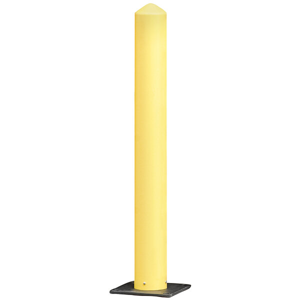 A yellow Eagle Manufacturing safety bollard pole on a black base.