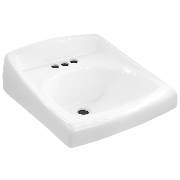 A white vitreous china Sloan wall mounted sink with three holes.