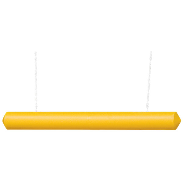 A yellow tube with black stripes hanging from a string.