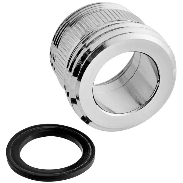 A stainless steel Garden Hose Faucet Adapter with a black o-ring.