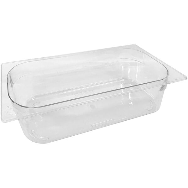 A clear plastic Carpigiani gelato pan with a clear lid.