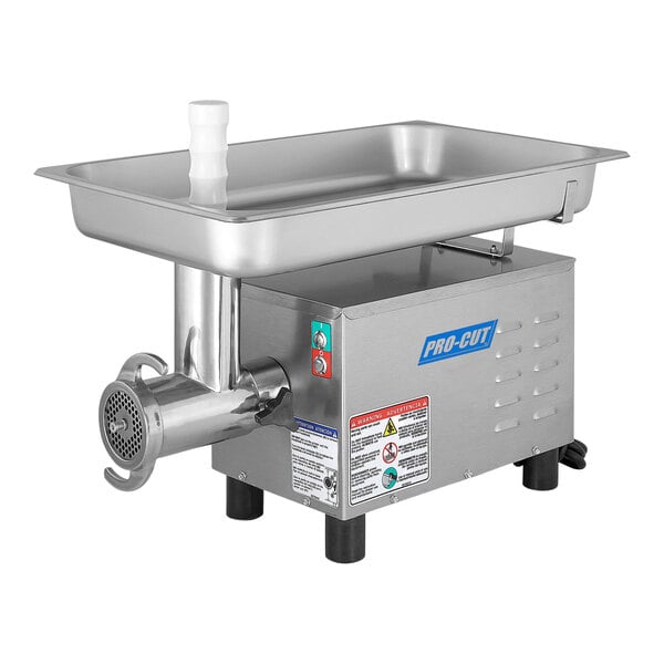 A ProCut stainless steel electric meat grinder on a counter.