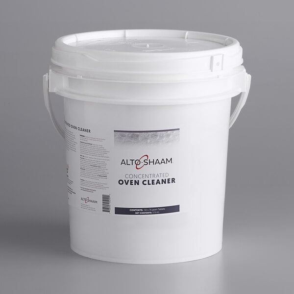 A white bucket of Alto-Shaam Combitherm oven cleaning tabs.