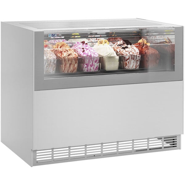 An ISA Oneshow gelato freezer with containers of gelato inside.