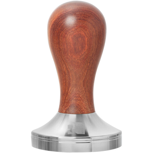 A stainless steel tamper with a sandalwood handle.