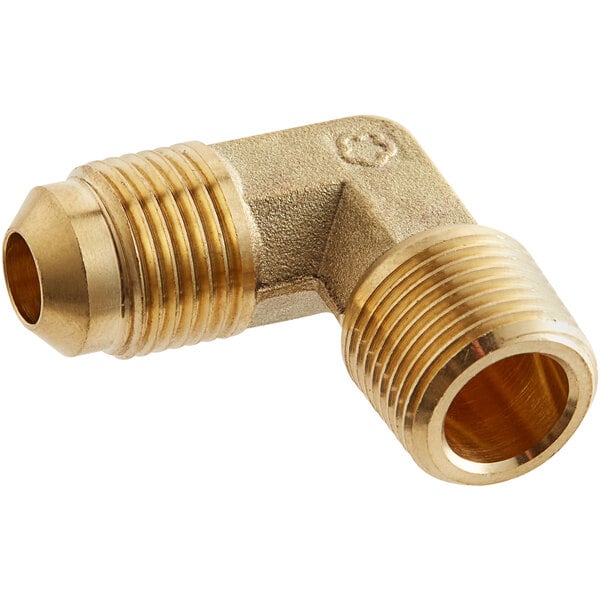 A gold metal 3/8" brass pipe elbow fitting with a threaded end.
