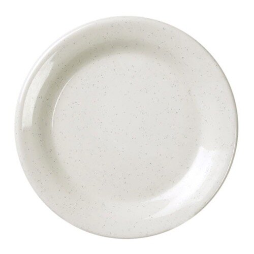 A white plate with specks.