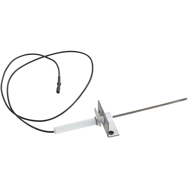 A Cooking Performance Group flame sensor with a metal rod and a cable.