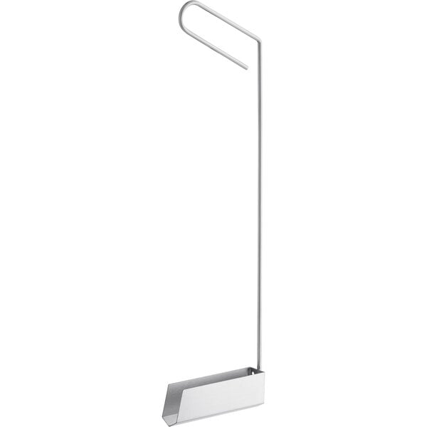 A white rectangular metal object with a long handle and a gray edge.