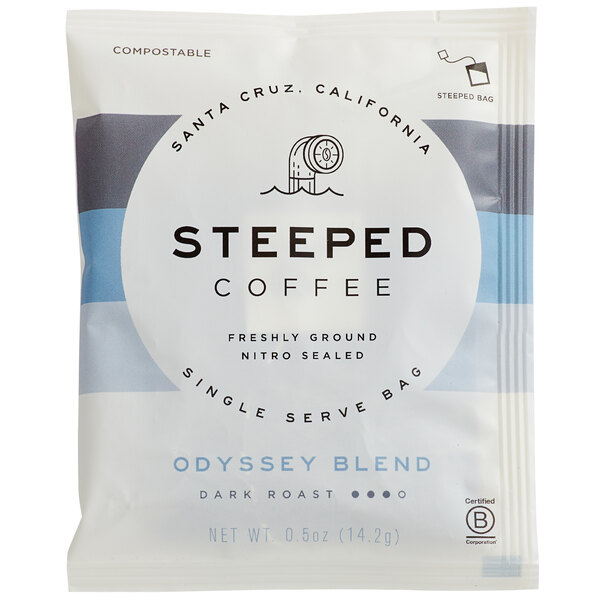 A white Steeped Coffee package with a white label and black text for Odyssey Blend.
