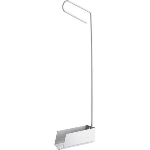 A white rectangular metal crumb scoop with a long handle.