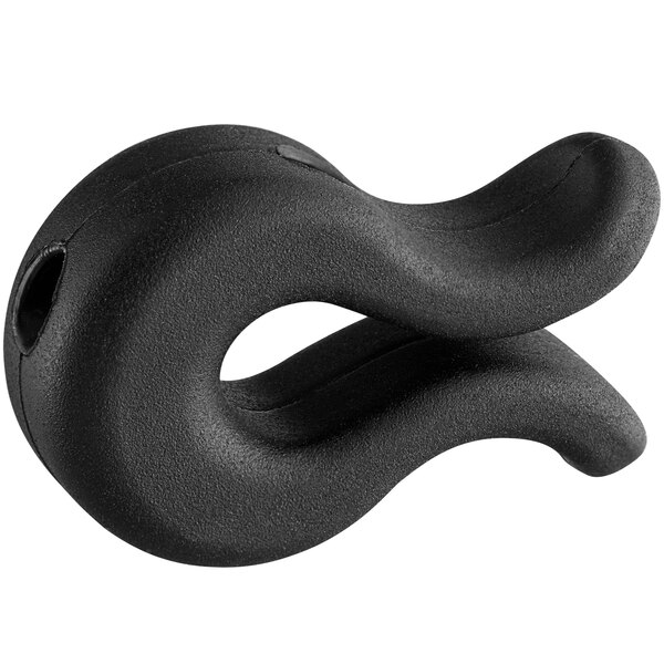 A black plastic object with a curved black handle.