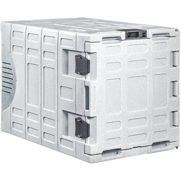 A white plastic Coldtainer refrigerated container with black hinges.