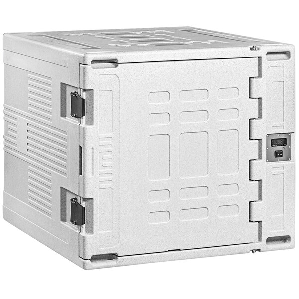 A white Coldtainer portable freezer container with black hinges and two doors.